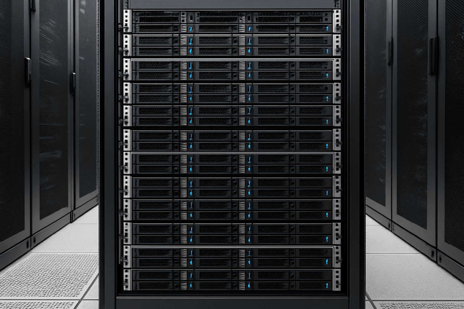 A server rack filled with high-end servers, organized with various blinking lights, in a data center environment.