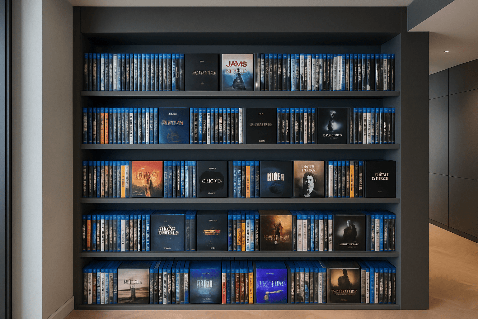 A large, organized collection of Blu-ray movies displayed on modern shelves, featuring various boxed sets, slipcovers, and steelbooks.