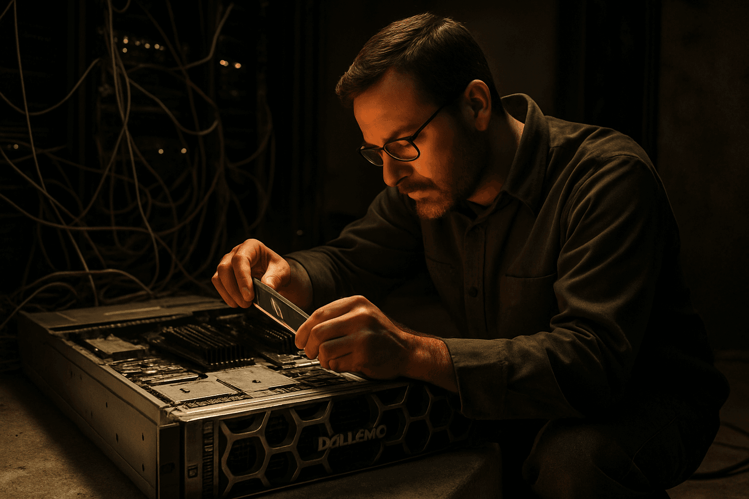 A technician kneels beside a PowerEdge R740xd, installing RAM in a dimly lit server room with tangled cables and blinking LEDs.