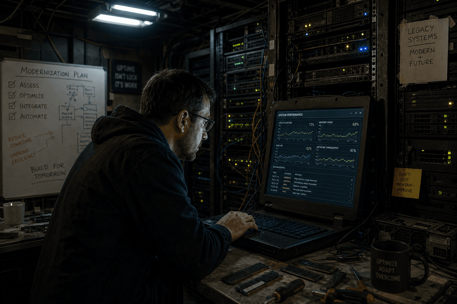 A technician analyzes performance metrics on a glowing screen in a dimly lit server room filled with aging equipment.